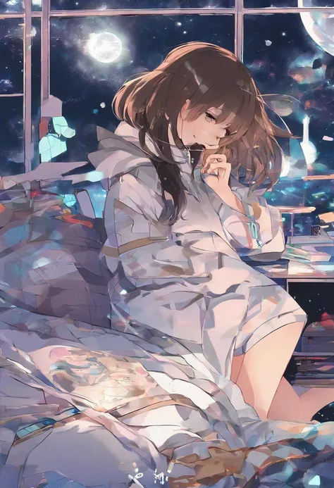 Best Quality、Night view outside the window、Light brown skin、s Pajamas、cleavage of the breast、short-hair、femele、独奏、Very cute、、Midnight、Brown hair、、I want to blush、bending forward、Bedroom、Wink、twinkling、Kamimei、Sit on the bed、Girl sitting