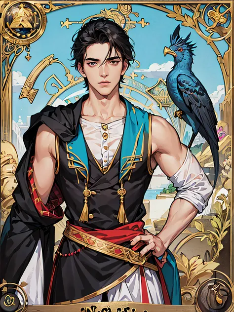 (nonsense, high resolution, ultra detailed), 1 man, adult, handsome, tall muscular guy, broad shoulders, finely detailed eyes and detailed face, formally dress, detailed clothing, black hair, black eyes, the fool tarot, bard, clown, Symbolism, Visual arts,...