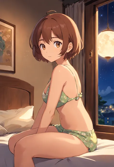 Best Quality、Night view outside the window、Light brown skin、s Pajamas、cleavage of the breast、short-hair、femele、独奏、Very cute、、Midnight、Brown hair、、I want to blush、bending forward、Bedroom、Wink、twinkling、Kamimei、Sit on the bed、Girl sitting