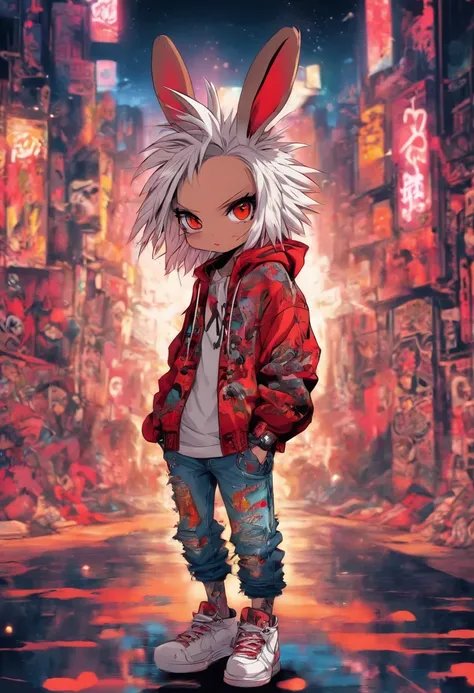 Cool and wild rabbit, White hair, Red eyes, Wear cute hip-hop clothes, Wearing a hoodie, Graphic T-shirt and ripped jeans, Lots of tattoos and piercings, Doodle style background, Highly detailed background, perfect masterpiece, High quality, High resolutio...