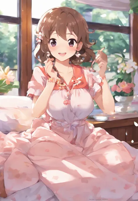 Best Quality、Night view outside the window、Light brown skin、s Pajamas、cleavage of the breast、short-hair、femele、独奏、Very cute、、Midnight、Brown hair、、I want to blush、bending forward、Bedroom、Wink、twinkling、Kamimei、Sit on the bed、Girl sitting