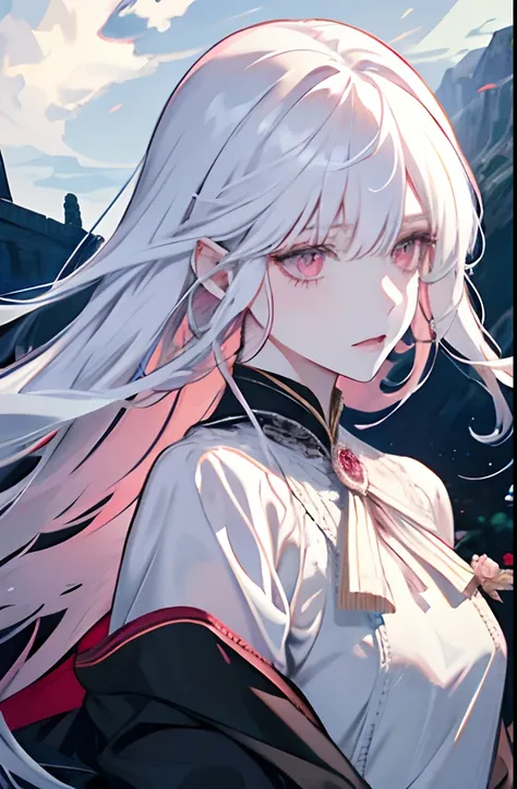 1 female, adult, mature face, small breasts, long white hair with bangs, human, white mage, demure, slender, intelligent, rose pink eyes, fantasy medieval times