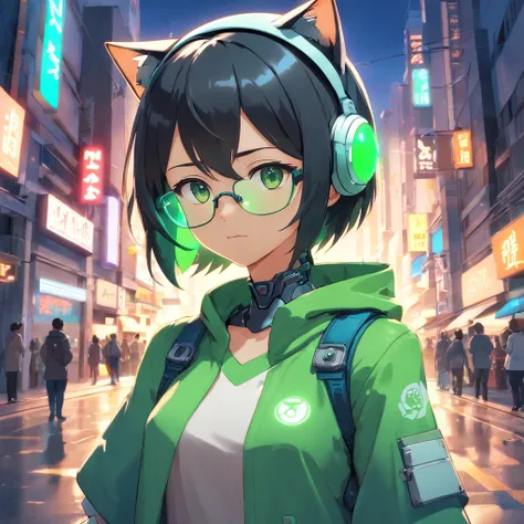 robotic cat, (Blind Box Toy Style:1.2), (FULL BODYSHOT) , green and black colors, 1 transparent girl,Behind him is a cute transparent robot cat, Mechanical Transparent, Exquisite helmet:1.2, Glasses:1.2, Cyberpunk, Dreamy glow, bright neon lights, ren, whi...