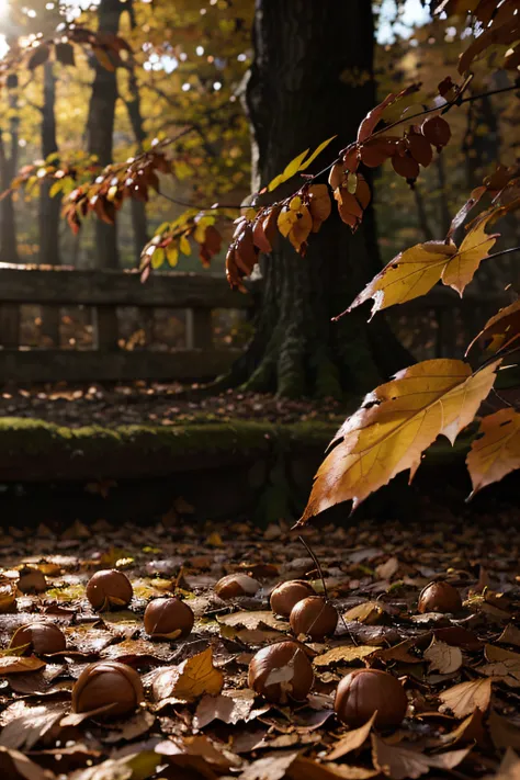 "(best quality, photorealistic: 1.2), detailed photo of autumnal image, nature, depth of field, cinematic effect, warm light, dry leaves, chestnuts scattered on the ground among the leaves."