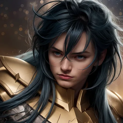 cinemactic, incrivelmente detalhado e ultrarrealista, Camus of Aquarrius Saint Seiya. Close up. Hes wearing pretty realistic golden armor. Armadura dourada brilhante. ((Bright golden armor)). Armadura com brilho natural. Octane is the perfect tool to captu...