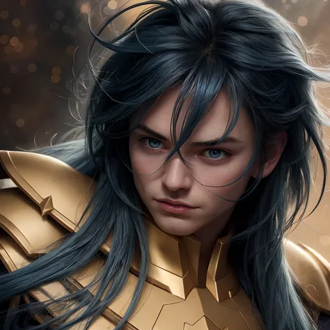 cinemactic, incrivelmente detalhado e ultrarrealista, Camus of Aquarrius Saint Seiya. Close up. Hes wearing pretty realistic golden armor. Armadura dourada brilhante. ((Bright golden armor)). Armadura com brilho natural. Octane is the perfect tool to captu...