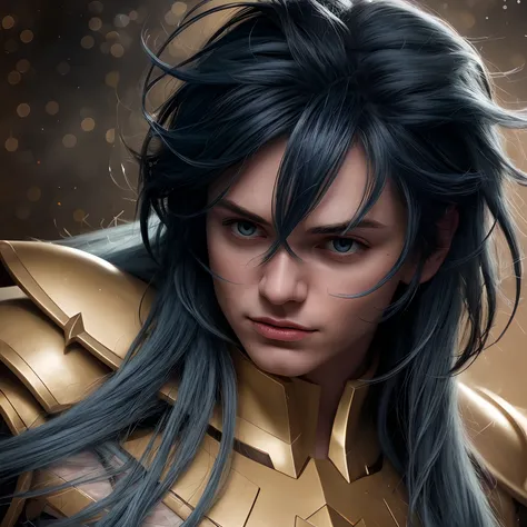 cinemactic, incrivelmente detalhado e ultrarrealista, Camus of Aquarrius Saint Seiya. Close up. Hes wearing pretty realistic golden armor. Armadura dourada brilhante. ((Bright golden armor)). Armadura com brilho natural. Octane is the perfect tool to captu...