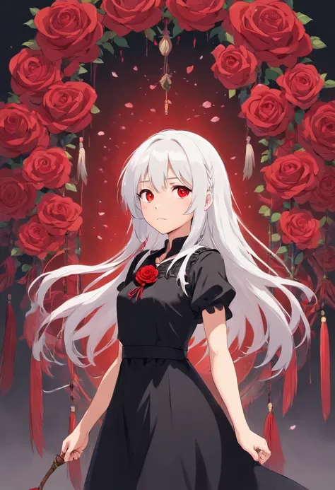 (Best Quality, masutepiece), (1girl in, Solo, Black Dress, Standing , Looking at Viewer, White hair, Red Eyes, holding rose, Closed mouth, Upper body), (Red Dream Catcher in the Back, Red flower, )