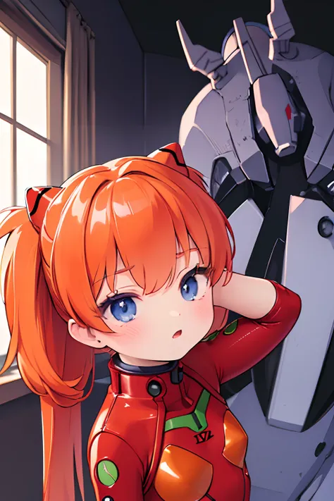 (Masterpiece, Best quality), 1girll, Beautiful face, Beautiful body, souryuu_asuka_langley, Manteau, tightsuit, Interface headset, red leotard, hair between eye, pilotsuit