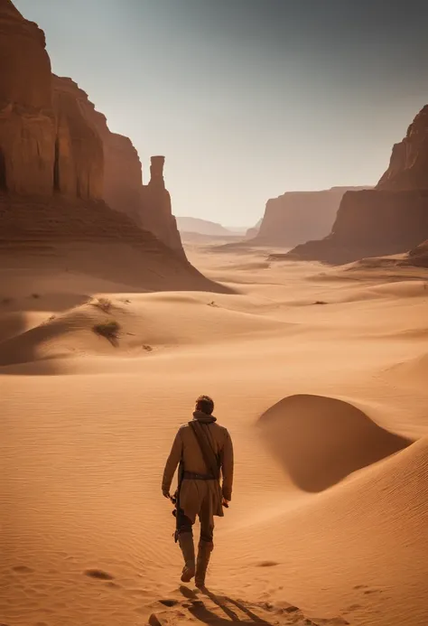 a man without oxygen on earth 8k real, struggling for breath in an arid desert landscape, the scorching sun casting harsh shadows and waves of heat creating a mirage in the distance. The barren terrain stretches endlessly, revealing a desolate planet devoi...