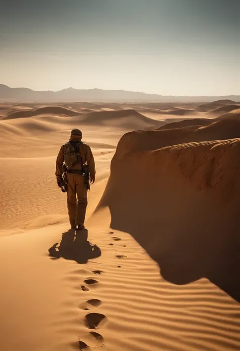 a man without oxygen on earth 8k real, struggling for breath in an arid desert landscape, the scorching sun casting harsh shadows and waves of heat creating a mirage in the distance. The barren terrain stretches endlessly, revealing a desolate planet devoi...