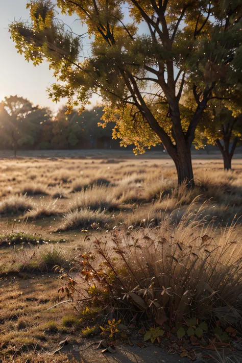 "(best quality, photorealistic: 1.2), detailed photo of scattered leaves and dry grass, autumnal image, fog, dry leaves, nature, depth of field, cinematic effect, warm light, ."