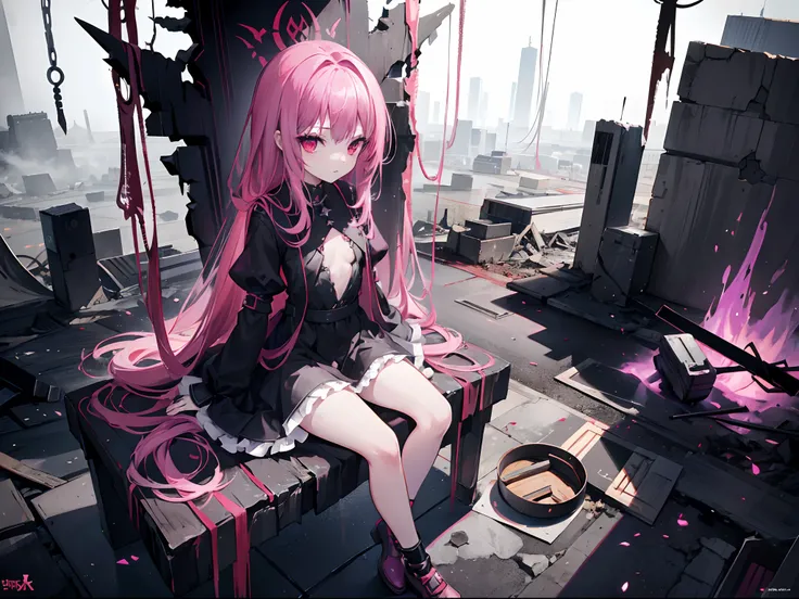 1girl, reincarnated demon lord, long purplish pink hair, red eyes, slim body, loli short height, small chest size, wearing black dress, sitting on throne on top of wreckage, outside post apocalyptic dark era, absurdres, high res, ultrasharp, 8K, masterpiec...