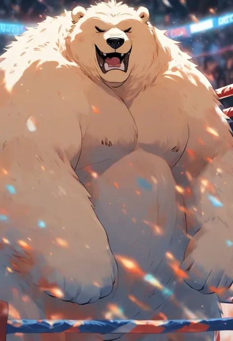 chubby muscular fluffy polar bear with a gray beard huge eyebrows and huge fangs and huge upperbody wearing wrestling trunks while sweaty and tired and resting on the corner of the wrestling ring in pain