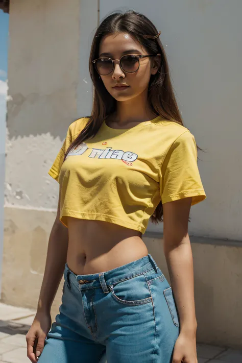 una hermosa mujer guatemalteca vestida con una camisa amarilla y pantalones cortos a juego con gafas de sol en su rostro limpio al estilo de Foto real, hyper-realistic, High Dymanic Range, colores ricos, Texturas realistas, 8k UHD, Alta profundidad de colo...