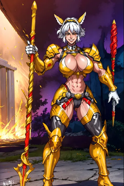4k, highly detailed, anime style, HDR, subsurface scattering, in a temple, temple being destroyed, Greek temple on fire background, (masterpiece, best quality:1.2), caenis,( fgo stage 3), 1girl, big breasts, looking at fires, smile, short hair, white hair,...