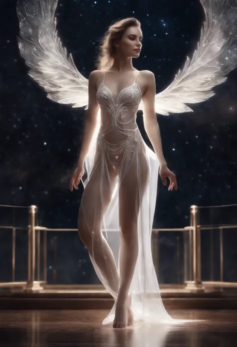 Masterpiece, Beautiful goddess of the void, Standing in white transparent clothes under the empty night star, Disappearing transparent pants, Full body standing, Tall figure, Slender legs, Facial details, Detailed body part details, 8K wallpaper