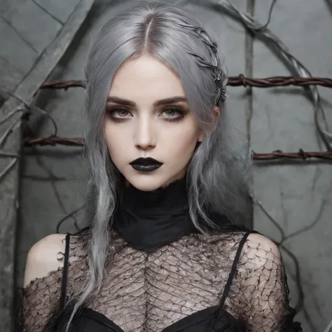 Girl with gothic net symbolic clothes, 。.。.com (Barbed wire of the body) brunette color hair，Gray hair ends