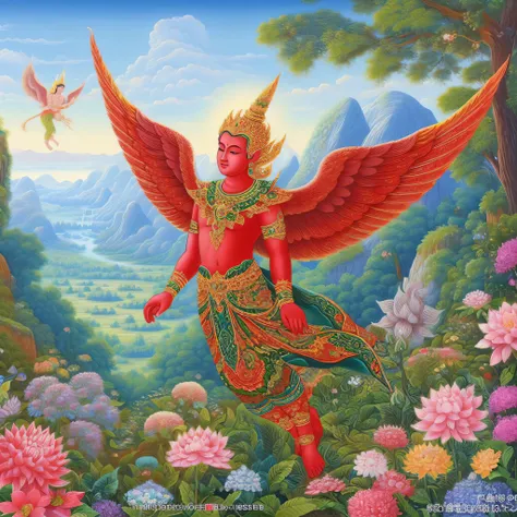 painting of a man with wings and a halo in a garden, devi wings, flying scarlet phoenix, thailand art, by Ju Lian, nivanh chanthara, asura from chinese myth, inspired by Pu Hua, inspired by Chen Rong, divine being, inspired by James C. Christensen, alex gr...