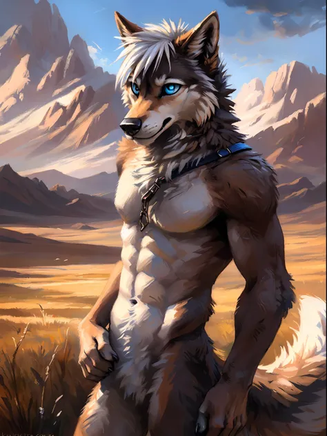 ((Solo)), male people, anthro wolf, (Multi-colored fur, White-brown:1.3，White tail pointed), ((Wolf face, White hair, Big eyes, White eyelids, Blue pupil, Slim:1.2) (Tough, Calm expression:1.2)), Abs, Slim, pinging)), (Correct anatomy), Naked all over the ...