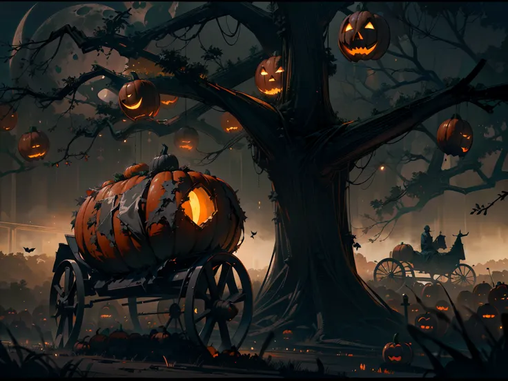 (best quality,4k,8k,highres,masterpiece:1.2),ultra-detailed,(realistic,photorealistic,photo-realistic:1.37),pumpkin carriage,halloween night,nighttime landscape,glowing pumpkins,spooky atmosphere,full moon,creepy trees,shadowy figures,dark clouds,ominous s...