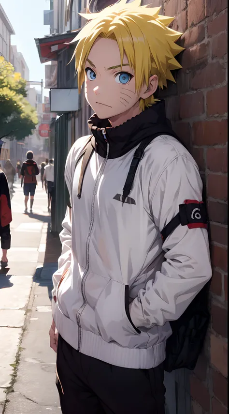 Masterpiece, Superb Style, streewear chothes, Outdoor, half Body, Uzumaki Naruto, blue eyes, short yellow hair,a boy