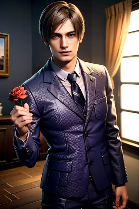 1 boy, cowboy shot re4leon, leon s. kennedy from the movie "resident evil 4",holds out a rose to the camera, classic suit with t...