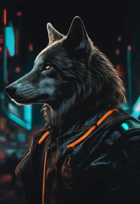 um animal lobo com um fundo preto, cyberpunk e minimalista