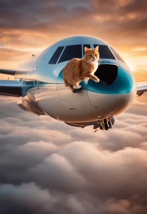 Cat walking on the back of an airplane in the sky