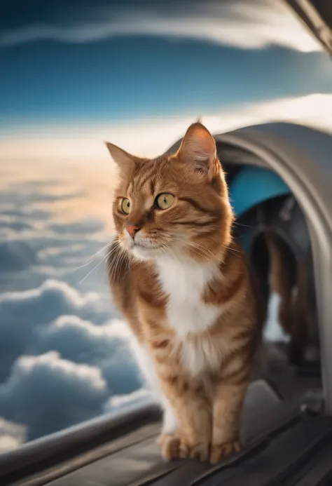 Cat walking on the back of an airplane in the sky