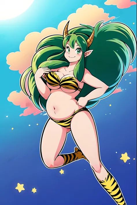 lum, bikini, standing,, , oni, smile,, full body, , , horns, curvy, big breast,, smile, green hair, pregnant
