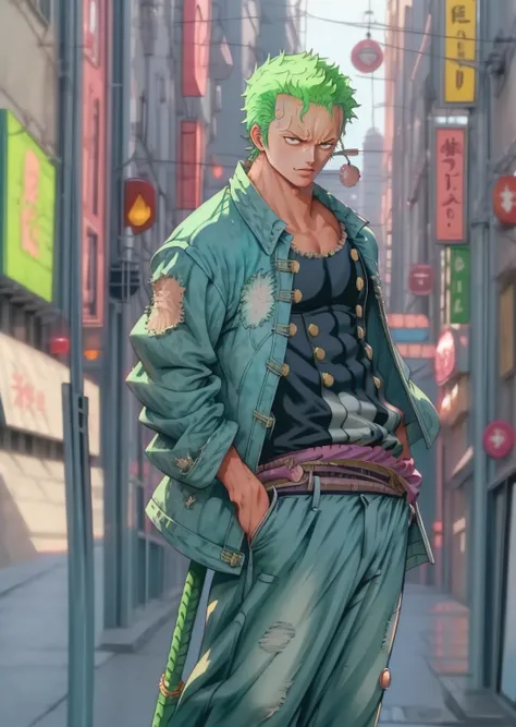 1man, solo, (masterpiece), best quality, ultra-detailed, Zoro Rorona from One Piece, Retro style, full body. fashion cloth, jean jacket, fancy.