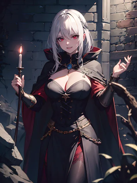 Masterpiece, fantasy world, medieval setting, dungeon, stone brick walls, ice, eldritch, alter, adult woman, evil, witch, red eyes, white hair, medium messy hair, wicked laugh, narrowed eyes, black cloak, jewelry, cleavage, black cape, pose