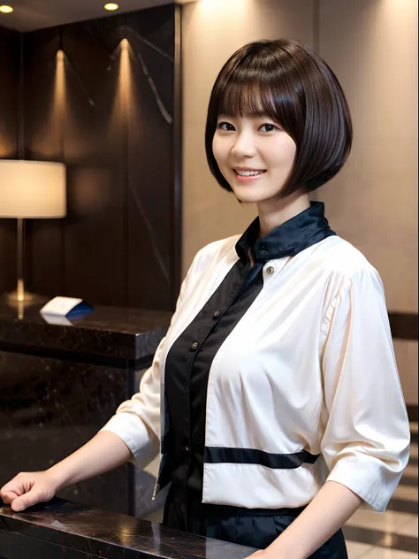 50
(19-year-old woman), (A hyper-realistic), (masutepiece), Short bob cut, Concierge at the hotel reception, kindly smile