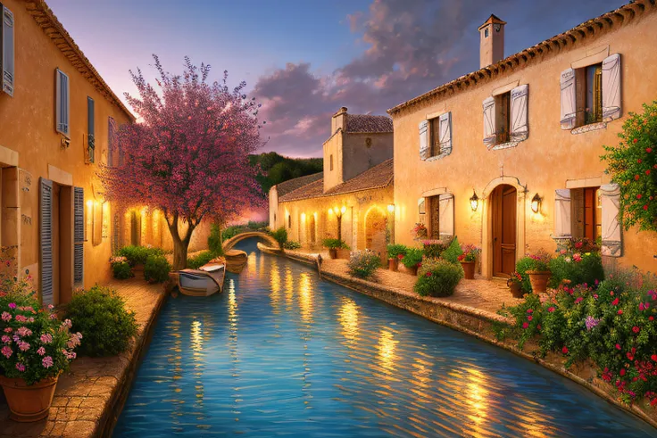 Provencal village, Eau,coucher du soleil,fleurs(Highly detailed CG Unit 8k wallpaper), The most beautiful work of art in the world, Professional majestic oil painting, complexe, High detail, mise au point nette, dramatique, Art of photorealist painting,