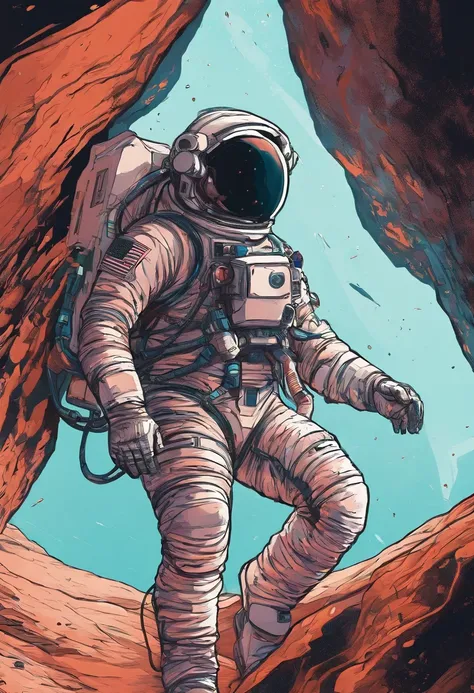 Close-up of astronaut climbing a cave in a spacesuit, fully space suited, astronaut lost in liminal space, dusty space suit, Astronaut, astronaut in space, ("Lunar space" Theme）, detailed astronaut, astronaut in space, Spacesuit, Redshift resonance, （Astro...