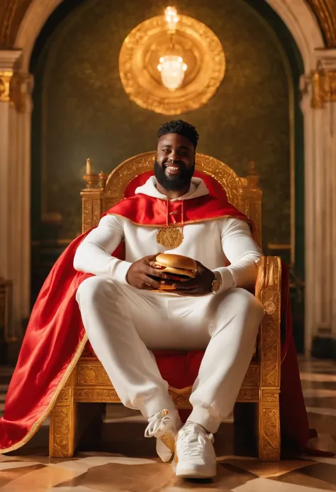 A high-quality, realistic image of a dark-skinned king wearing a golden crown and a red cape, sitting on a golden throne. He is wearing a pair of white Fila sneakers and is eating a Whopper from Burger King.

The king has black, curly hair and a full beard...