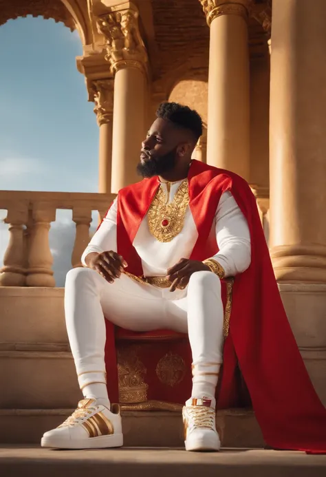 A high-quality, realistic image of a dark-skinned king wearing a golden crown and a red cape, sitting on a golden throne. He is wearing a pair of white Fila sneakers and is eating a Whopper from Burger King.

The king has black, curly hair and a full beard...