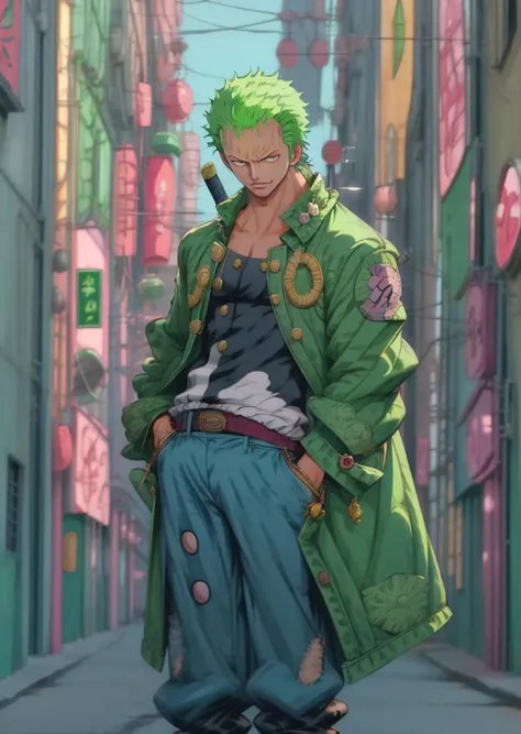 1man, solo, (masterpiece), best quality, ultra-detailed, Zoro Rorona from One Piece, Retro style, full body. fashion cloth, jean jacket, fancy.