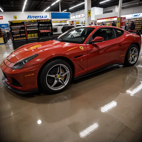 Ferrari fazendo drift dentro de uma loja com o logo do Walmart, Shelves of products around and drift marks on the floor