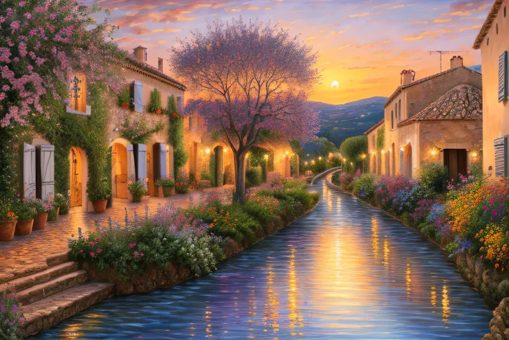 Provencal village, Eau,coucher du soleil,fleurs(Highly detailed CG Unit 8k wallpaper), The most beautiful work of art in the world, Professional majestic oil painting, complexe, High detail, mise au point nette, dramatique, Art of photorealist painting,