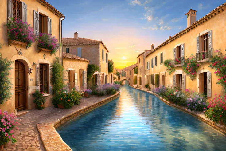 Provencal village, Eau,coucher du soleil,fleurs(Highly detailed CG Unit 8k wallpaper), The most beautiful work of art in the world, Professional majestic oil painting, complexe, High detail, mise au point nette, dramatique, Art of photorealist painting,