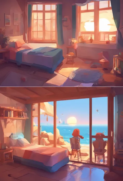 Wallpapers，tmasterpiece，best qualtiy，cinematic Film still from，Boys and girls sit together，Boy doing homework by the window，The girl looked at the starry sky，Looking at the sea in front of you，A full moon，autumnal，beachside