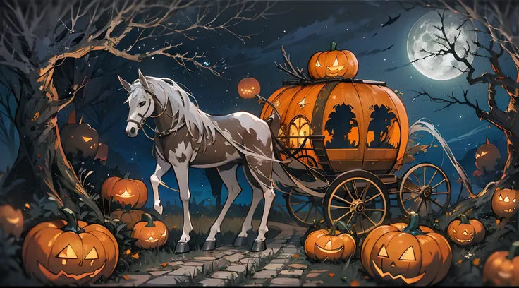 Amidst the Halloween night, an enchanting and surreal scene takes form. At the heart of this mystical setting, theres a resplendent pumpkin-shaped carriage, its vibrant orange hue radiating an otherworldly glow. This fantastical carriage embodies a blend o...