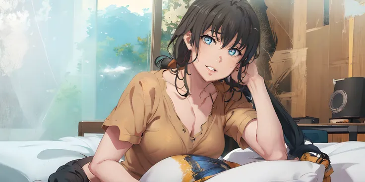 yukinoshita yukino, (long hair, black hair, sidelocks:1.5), (blue eyes:1.5), 1girl, shirt, indoors, solo, yellow_shirt, short_sl...