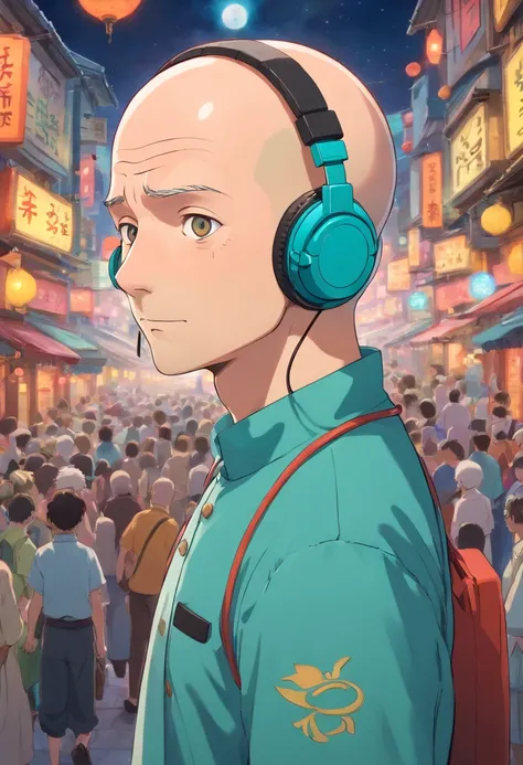 A bald man dressed as Midorya with headphone on his head