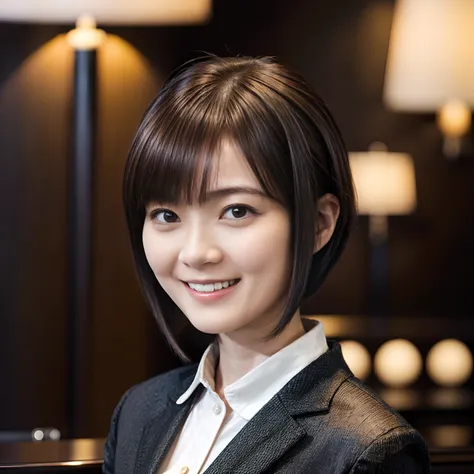 50
(19-year-old woman), (A hyper-realistic), (masutepiece), Short bob cut, Concierge at the hotel reception, kindly smile