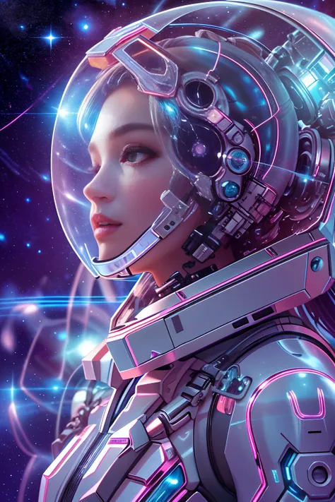 Translucent ethereal mechanical astronaut，Futuristic girl，Mechanical joints，Futuristic space helmet covers face，Futuristic space starry sky background，ModelShoot style, (Extremely detailed CG unified 8K wallpaper), The beauty of abstract stylized portraits...