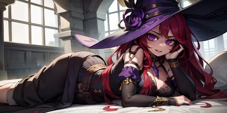 A young girl with red hair and purple eyes, dressed in a dark purple gown, lies on a mattress covered with a sheet in a medieval room. The room is adorned with wallpaper depicting intricate patterns from the medieval era. The girls face is extremely detail...