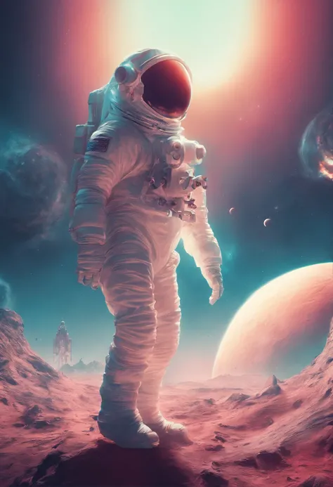 Astronauts climb mountains，with a planet in the background, lonely astronaut, detailed astronaut, Astronaut, fully space suited, astronaut in space, astronaut in space, astronaut on the moon, astronaut below, astronaut stranded on planet, key art, stefan k...